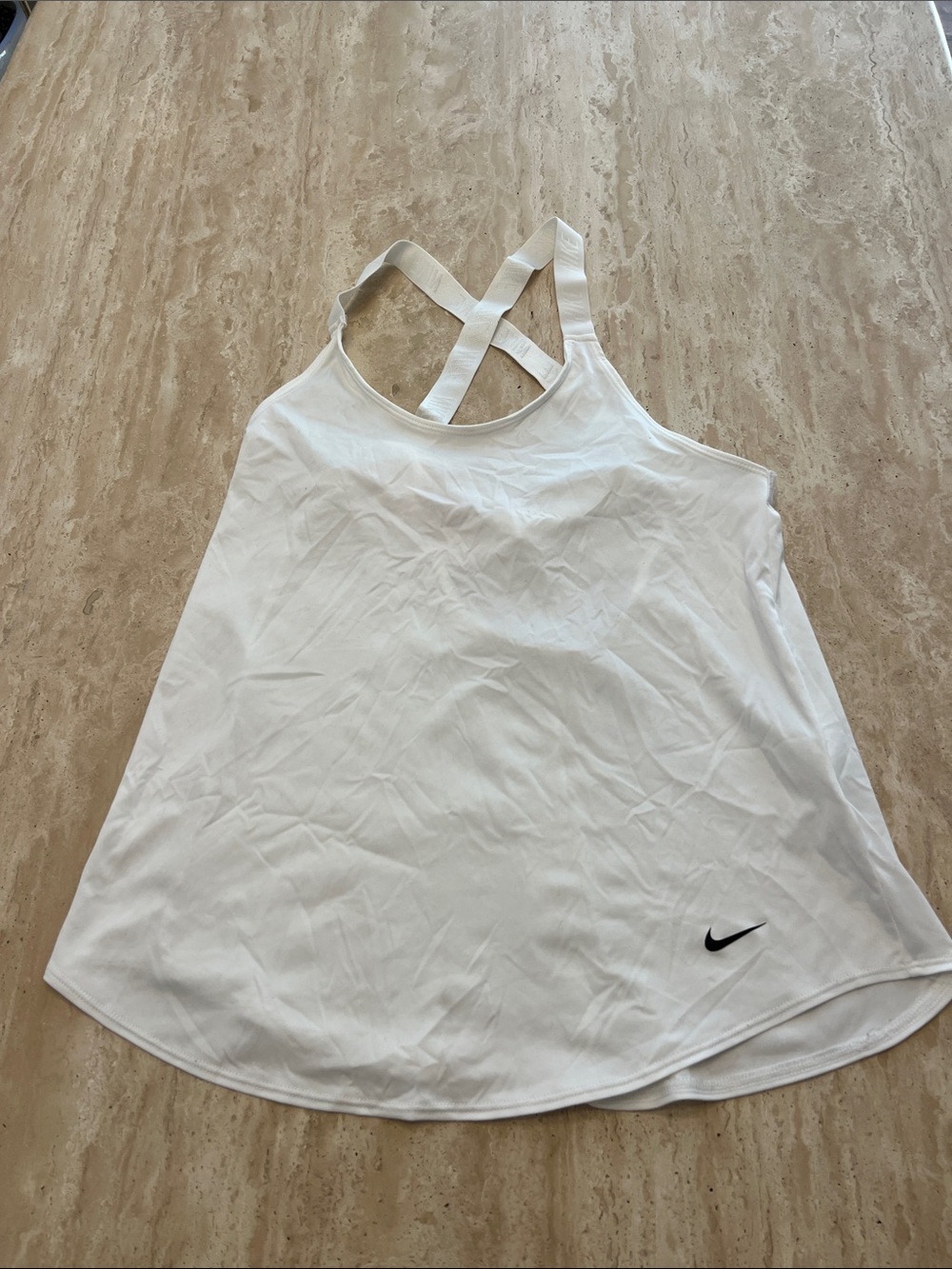 Nike Women's White Cross-Back Athletic Tank Top with Black Swoosh